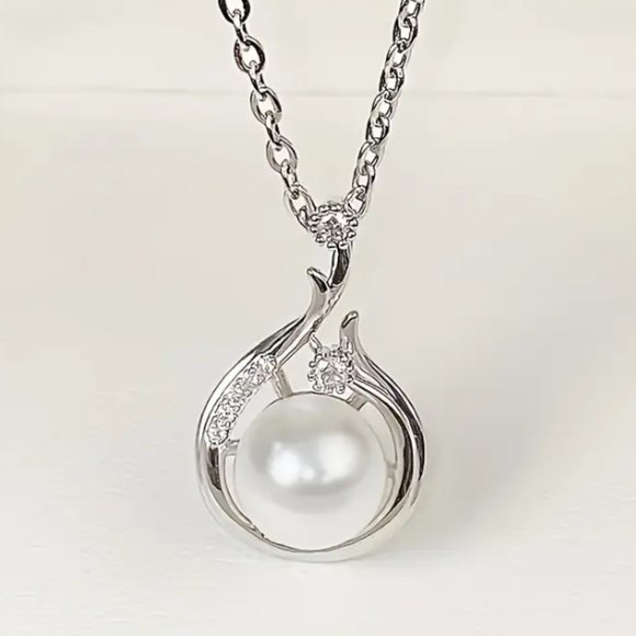 925 Sterling Silver Plated Faux Pearl Pendant Chain Necklace - Picture 1 of 13
